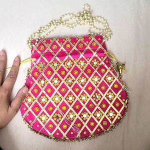 Pink Golden Mirror Indian Purse